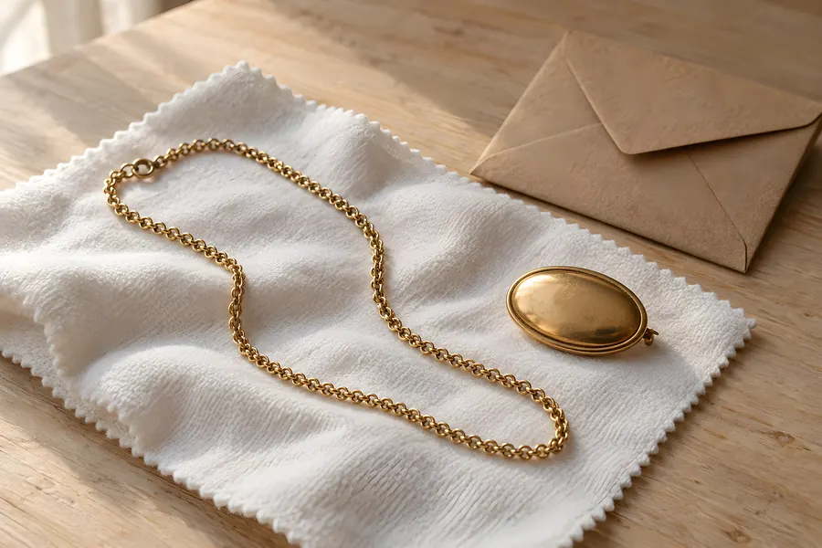 Eine gereinigte Goldkette und eine ovale Goldbrosche auf einem weißen Poliertuch, daneben ein leerer Papierumschlag